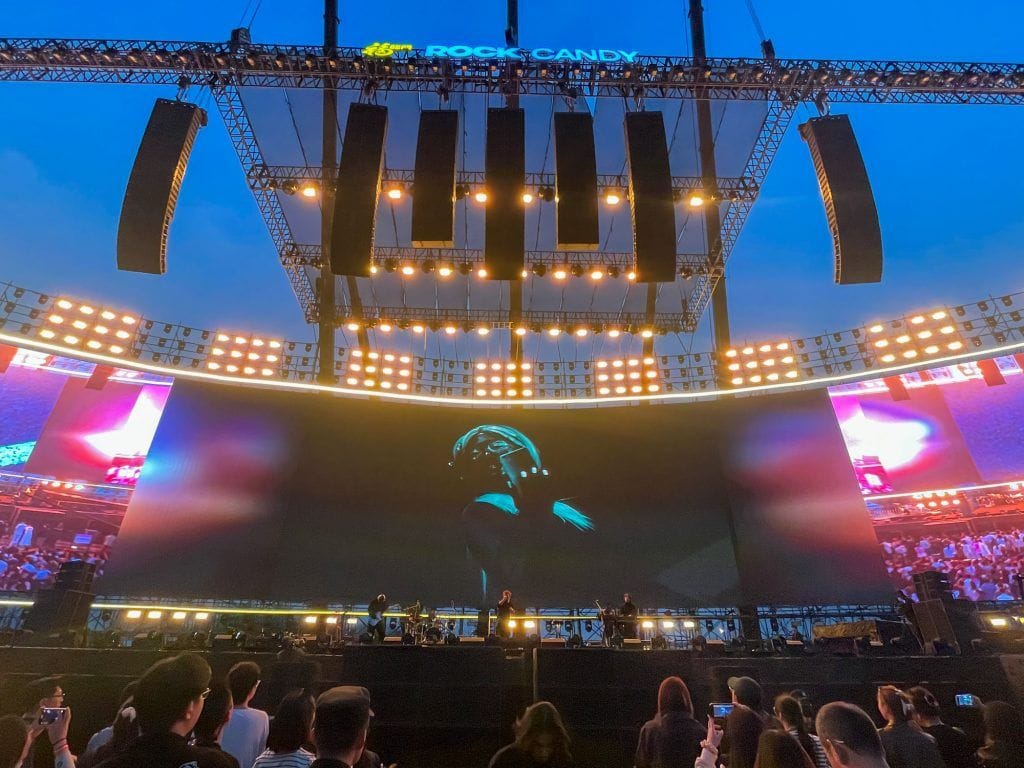 Line array sound system speakers set up for a live concert